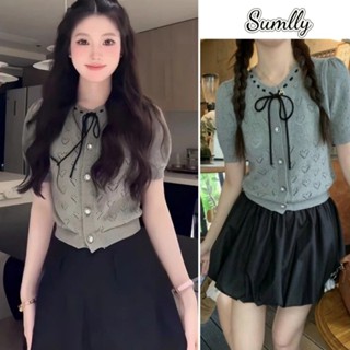  Áo len ngắn tay nữ mới áo len ngắn màu xám nơ dễ thương áo dệt kim nữ áo len dệt kim cơ bản mùahè 