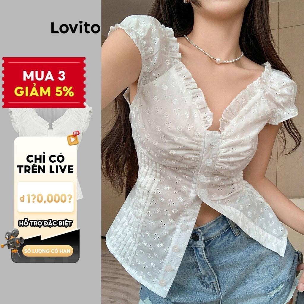 (Live Hosts' pick) Lovito Áo kiểu thông thường Nút viền rau diếp trơn Áo sơ mi lát phía trước dành cho nữ L80ED008
