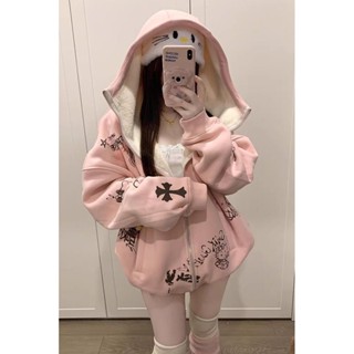 Áo khoác có mũ in hình Hello Kitty phong cách lười biếng thương hiệu thời trang Mỹ cho phụ nữ, áo khoác nỉ dày mới 