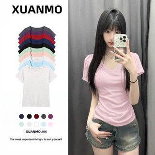  XUANMO Local brand Áo baby tee Áo Thun ôm body Áo y2k 100% cotton Mùa Hè Phong Cách Mới - Áo Thun Nữ Cổ Chữ V Tay Ngắn Màu Hồng 
