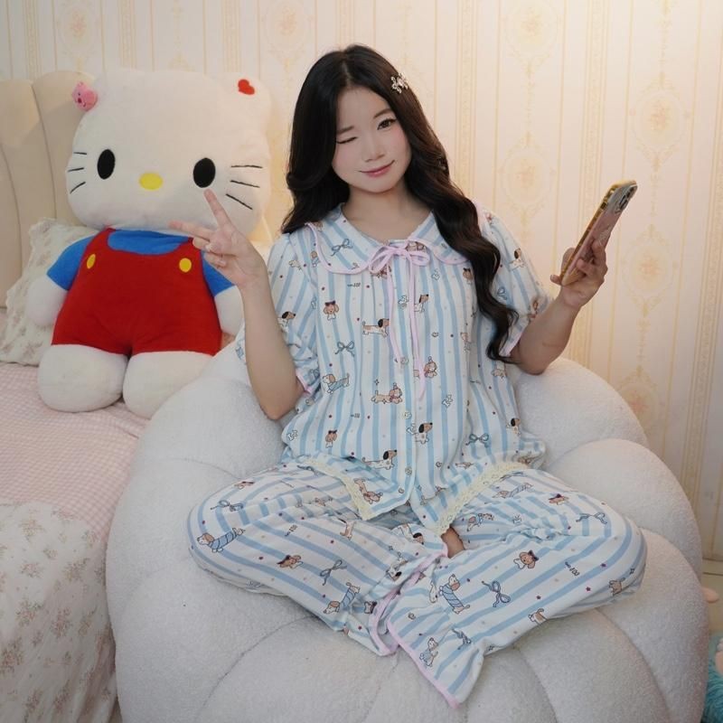 bộ ngủ nữ tiểu thư cổ sen cộc dài vải đũi bông mây mùa hè mặc đi ngủ mát mẻ thoải mái Women Quần Ngủ Áo Ngủ Cotton | BigBuy360 - bigbuy360.vn