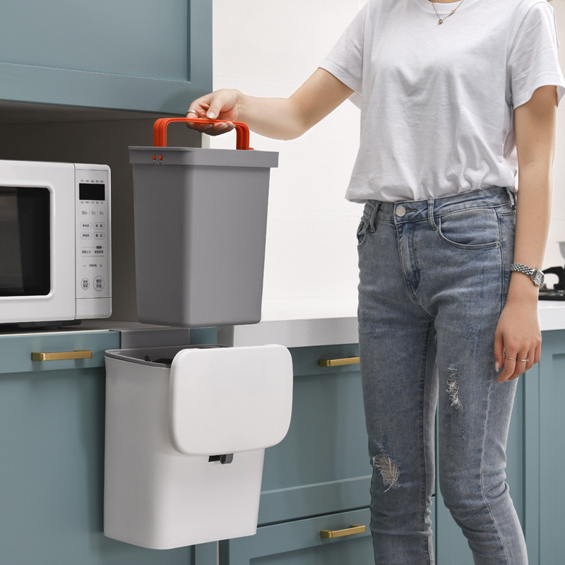 Kitchen cabinet door-mounted trash bin, sliding lid, double layer, kitchen waste storage, large size