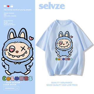 SELVZE Áo thun Cotton ngắn tay dáng rộng thông thường quá khổ Labubububu in hình Unisex Top