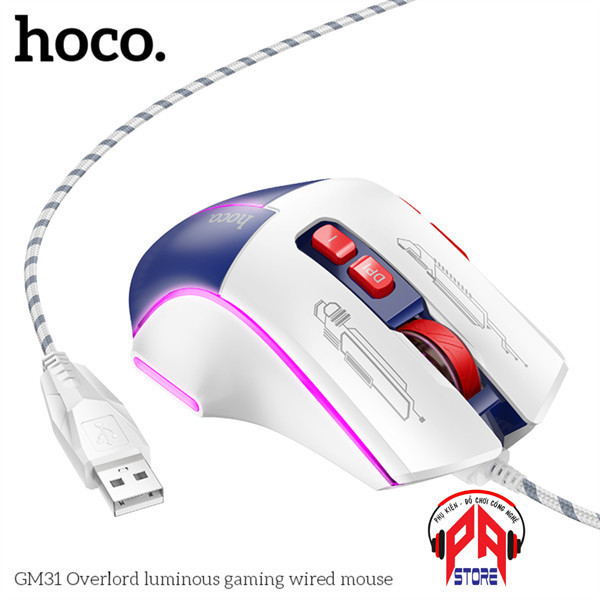 Chuột có dây Hoco GM31 trắng_xanh_BH 12 tháng