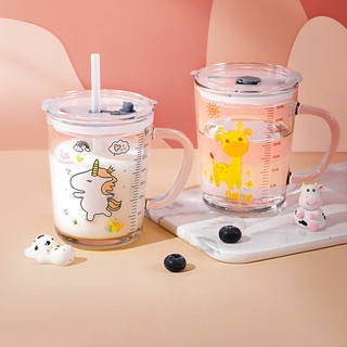 Cốc Chia Vạch Thuỷ Tinh Cốc Pha Sữa Cho Bé Có Ống Hút Silicon Dùng Cho Bé Tập Uống 400ml FE123