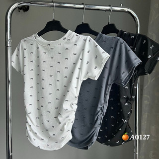 Áo croptop tay ngắn nhún sườn in nơ nhí toàn áo chất thun tăm co dãn thoải mái alohashop91