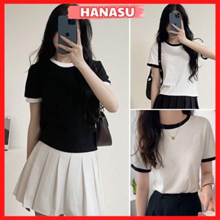 Áo baby tee nữ cổ tròn ngắn tay áo phông nữ trơn phối viền màu basic trẻ trung chất thun tăm thoáng mát A304 - HANASU