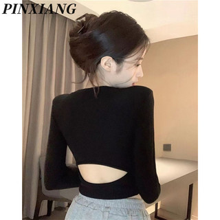 Pinxiang Áo thun nữ tay dài lưng thon gọn
