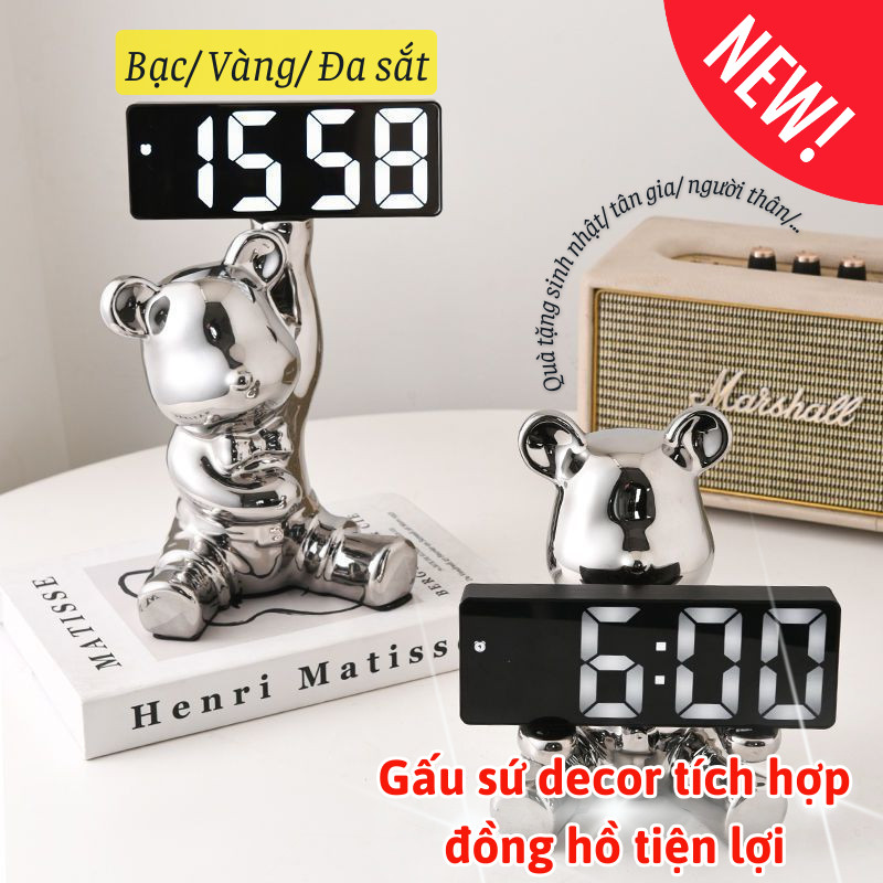 Tượng Gấu Sứ Bê Khay Có Ống Heo & Đồng Hồ LED Joful Home, Trang Trí Phòng Khách, Quà Tặng Độc Đáo