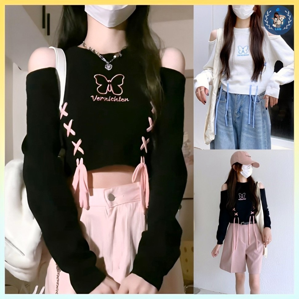 💥[A283] Áo len QC nữ Montoghi dệt kim THÊU HÌNH kèm THẮT DÂY phối khoét vai tay dài xinh xắn - L2M