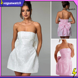 [Vog] Đầm dạ hội nữ Nơ lớn Trang trí Bandeau lệch vai Họa tiết hoa không tay buộc dây chữ A Backless Prom Cocktail Party Ball Gown Váy Mini mùa hè