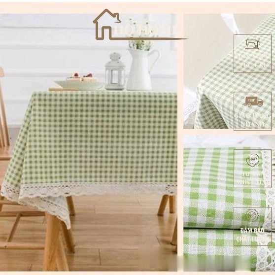 [Caro xanh lá] Khăn trải bàn vải canvas họa tiết kẻ nhí xanh lá VIỀN REN phong cách Nhật Bản nhẹ nhà