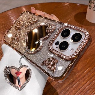 Ốp Gương Tình Yêu Lấp Lánh Thẩm Mỹ Mạ Sang Trọng Cho iPhone 16 15 14 13 12 11 Pro max Khung Ống Kính Kim Cương Vỏ Mềm Chống Sốc