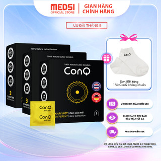 Combo 3 hộp 3 bao cao su siêu mỏng CONQ khác biệt gân gai làm tăng hưng phấn, giữ lửa cuộc yêu size 52mm
