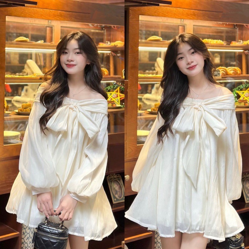  Đầm ngắn nữ kiểu áo dấu quần  áo babydoll trễ vai tay bồng xòe thắt nơ 2 lớp cao cấp chất voan tơ- D03 Lemshop 
