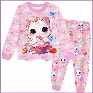 [Sy1] 2 Cái / bộ Mèo Hồng Quần Áo Hoạt Hình Cho Trẻ Em Quần Dài Tay cosplay Vải Pyjama Áo Thun