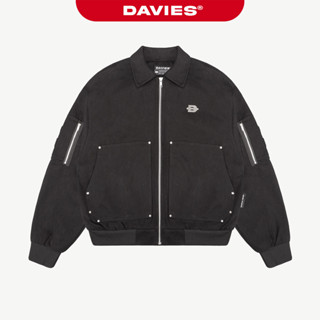 Áo khoác bomber nam nữ chất kaki DAVIES cổ bẻ hoạ tiết đính nút kim loại logo inox màu đen Ragnarok Jacket | D-AK23