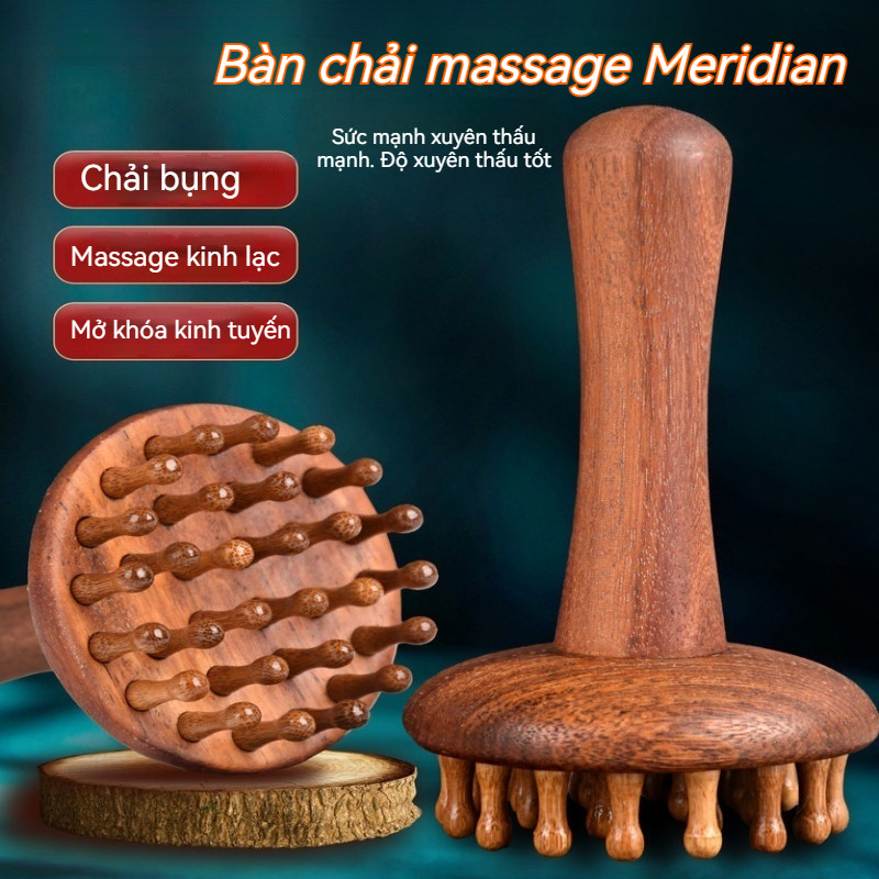 Bàn chải kinh tuyến gỗ đàn hương - Máy mát xa bụng Gua Sha & bụng toàn thân để giảm béo, thư giãn đầu & giảm béo