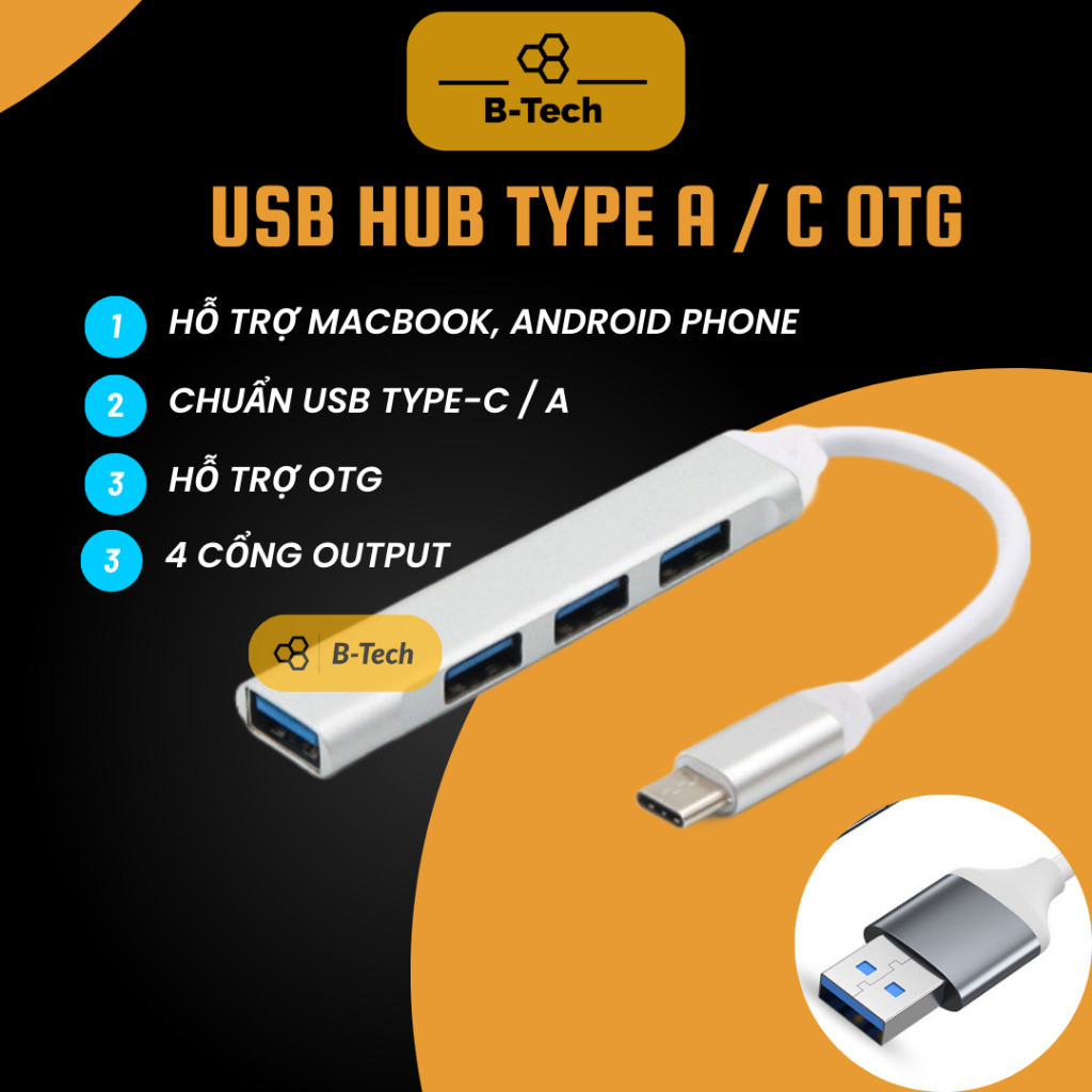 USB hub type C/A OTG USB 3.0 tốc độ cao, bộ chia cổng usb, mở rộng 4 cổng cho laptop PC macbook - BT