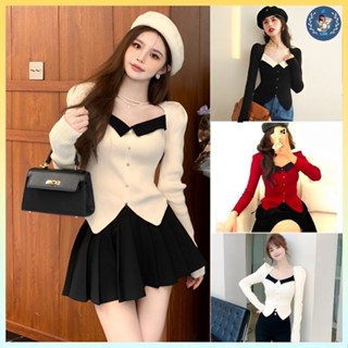 [A222] Áo len thun Montoghi dệt kim CỔ VUÔNG XẺ VẠT tay phồng phối nút Quảng Châu sang trọng - L2M