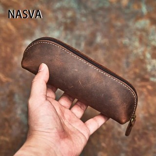 Nasva Retro Handmade Lớp Một Da Bò Hộp Đựng Bút Chì Đơn Giản Da Thật Chính Hãng Văn Phòng Phẩm Hộp Đựng Kính Crazy Horse Da Dây Kéo Hộp Đựng Bút Chì