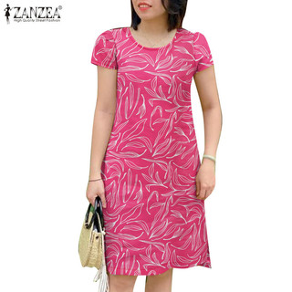 Zanzea Nữ Vintage Hàng Ngày In Thực Vật Túi Bên Váy Ngắn Tay