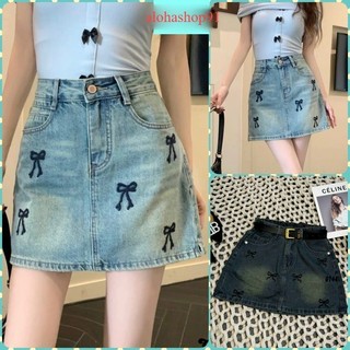 CHÂN VÁY JEANS NỮ FORM NGẮN LƯNG CAO THÊU NƠ NHIỀU LAI CUỐN MÀU XANH NHẠT XANH ĐẬM PHỦ VÀNG LAI CUỐN alohashop91