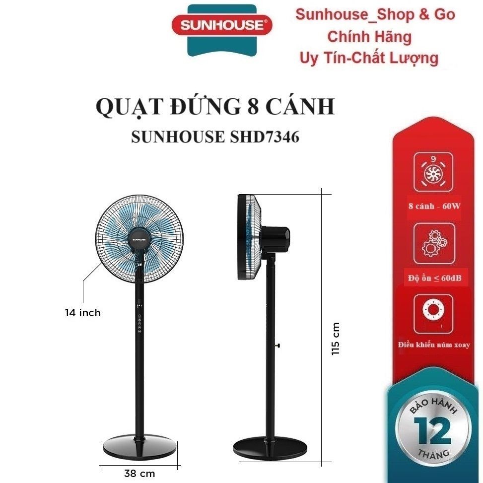  QUẠT ĐỨNG 8 CÁNH SUNHOUSE SHD7346 Công suất60W Điều khiển cảm ứng Tích hợp điều khiển từ xa 3 chế độ gió 