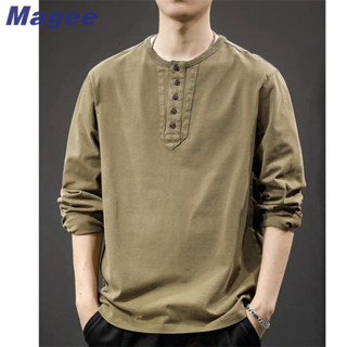 Magee Áo thun nam mới phiên bản Hàn Quốc cổ điển giản dị cao cấp màu trơn nửa nút thiết kế dáng rộng cặp đôi tuổi teen thời trang áo dài tay