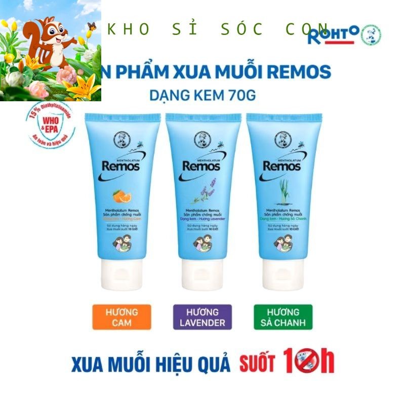 Kem chống muỗi Remos 70 Gr hương hoa Lavender/ hương sả chanh/ hương cam soc.con92 soc.con92