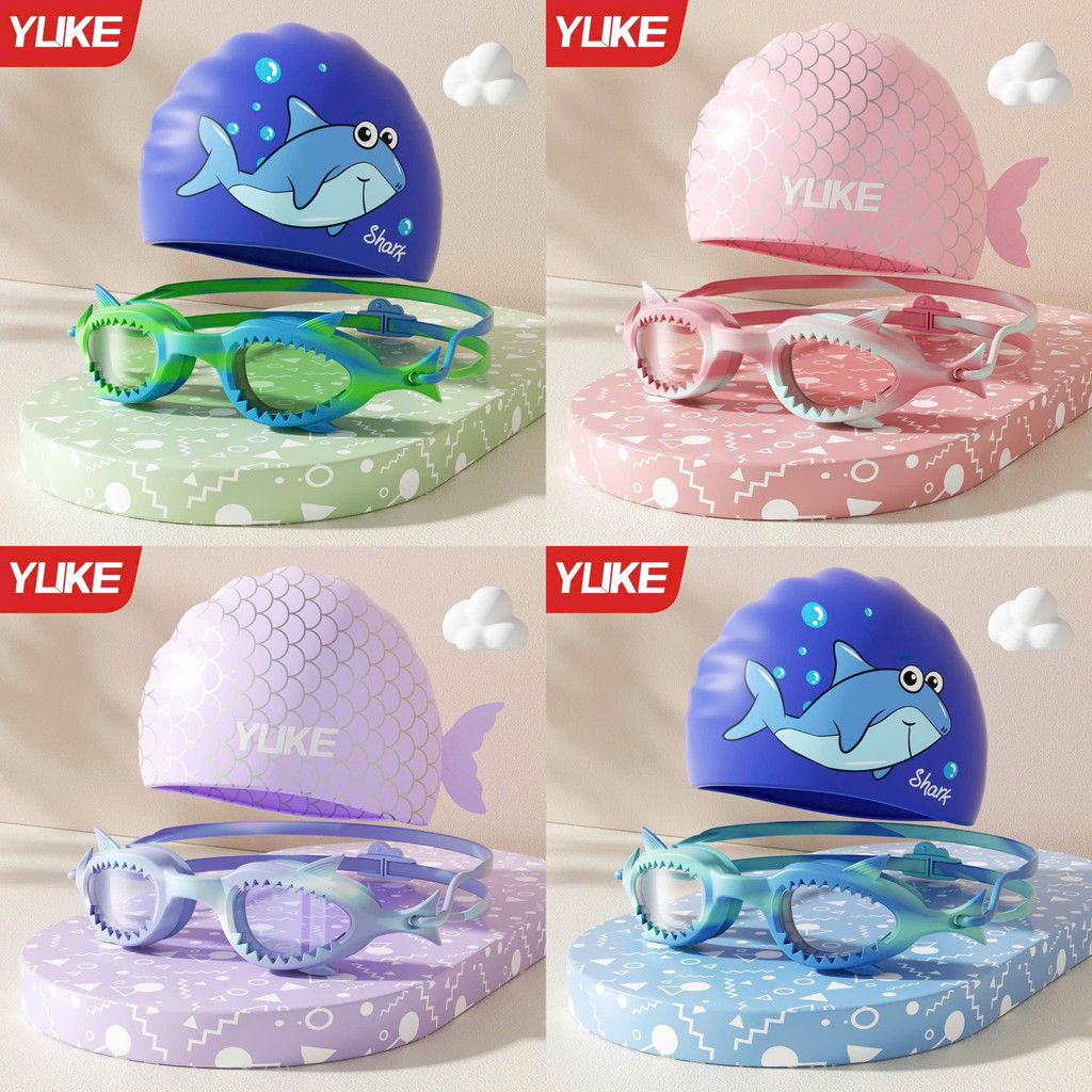 Bộ Kính Bơi Mũ Bơi Trẻ Em Cao Cấp YUKE Chống Tia UV, Chống Mờ, Họa Tiết Cá Mập Và Cá Đuôi Tiên Cho Bé