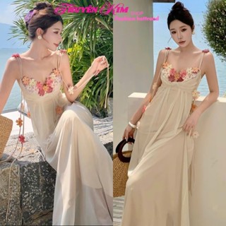 Đầm nàng thơ, váy mặc hè, đầm Tơ hai lớp dáng dài cúp ngực hai dây buộc đính hoa có mút ngực