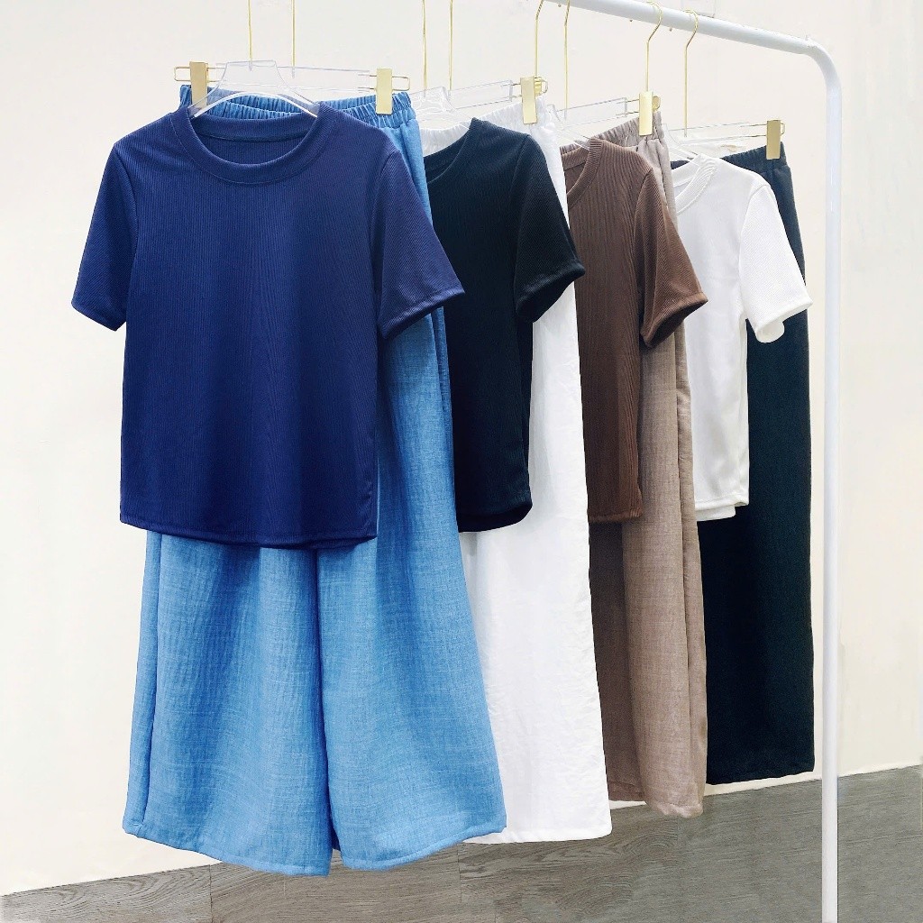  Set bigsize nữ 2 món gồm áo thun tay ngắn cổ tròn phối quần vải đũi suông dài mềm mát cho nàng Chuppy - G244+Q564 