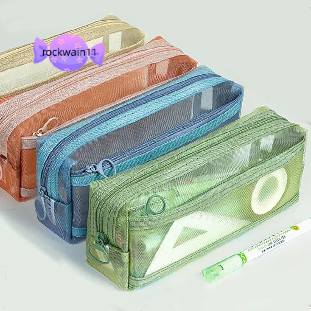 Túi đựng bút ROCKWAIN11, Bút chì hai lớp trong suốt, Lưới chất lượng cao Quà tặng tổ chức văn phòng phẩm sức chứa lớn