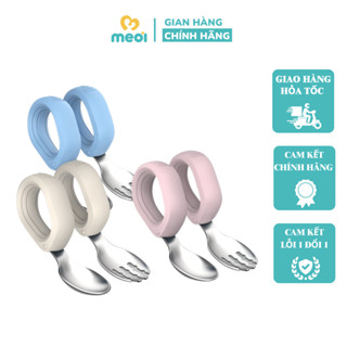  Bộ Thìa Nĩa Inox HALLYSEN Tập Ăn Tay Cầm Tròn Cho Bé Ăn Dặm 