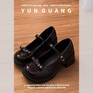 YUNGUANG Nâu JK Phong Cách Anh Giày Da Nữ Pháp Cao Gót Đen Mary Jane Giày Nữ
