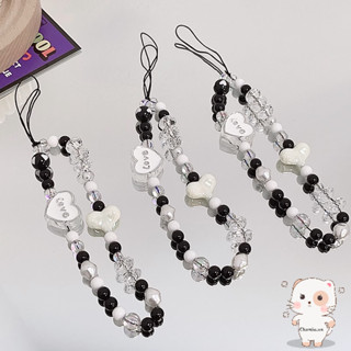 【Chamvn】Dây đeo điện thoại đính hạt đen trắng hình trái tim chữ cái chống rơi Ốp lưng điện thoại chống mất