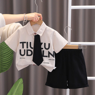 Set Áo Sơ Mi Cà Vạt Quần Short Bé Trai 1-5 Tuổi Màu Trắng Đen Đi Tiệc MINTSCLOSET Quảng Châu TN3403