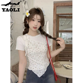 Áo thun nữ mới kiểu Pháp không đều khâu hoa buộc dây ngắn tay giả hai mảnh vai
