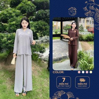Pháp phục đi chùa lụa tuyết thêu cổ v - quần áo đi chùa - bộ đồ lam đi chùa nữ women top jacket - b82