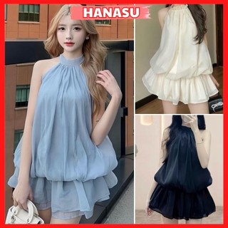Set váy nữ ngắn dáng bí phồng xinh xắn thiêt kế nhún eo có thắt nơ điệu đà chất voan tơ 2 lớp [Tặng quần] V322 - HANASU