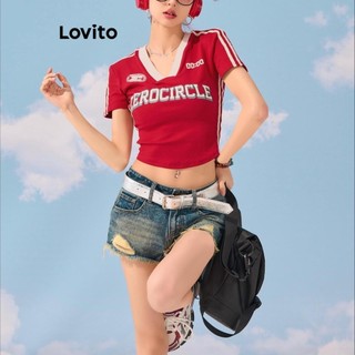 Lovito Áo thun crop top họa tiết chữ thường ngày cổ VV hở vai Y2K cho nữ LNA50033