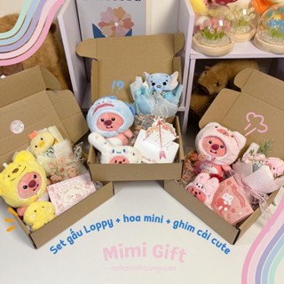 Set quà tặng gấu bông loopy, Combo loopy gấu bông + bó hoa gấu + huy hiệu cài áo kèm hộp và thiệp cao cấp, Set quà tặng