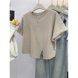 Áo thun ngắn tay xẻ tà không quy tắc áo cotton mẫu ngắn thiết kế mùa hè cho nữ