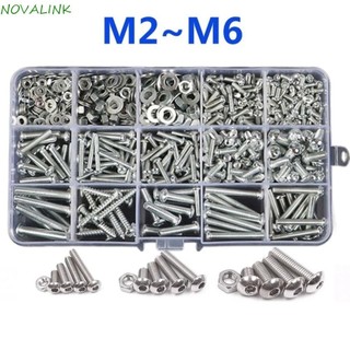 Bộ đai ốc vít đầu nắp ổ cắm NOVALINK, M2 M3 M4 M5 M6 Vít bền đai ốc Bu lông Bộ đệm, Vít chéo đầu tròn có hộp lưu trữ Bộ phân loại vít đầu phẳng chắc chắn