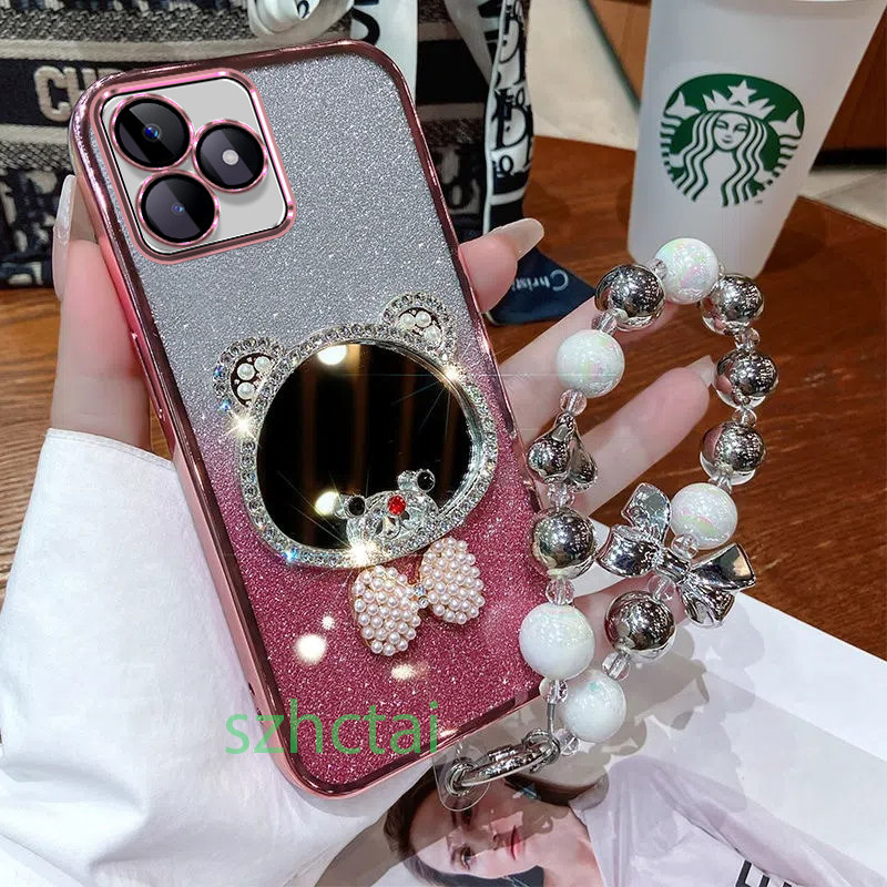 Ốp Điện Thoại Realme C53 Realme C51 Realme Note 50 Ốp lưng Gương trang điểm tai gấu Crown sang trọng có dây buộc