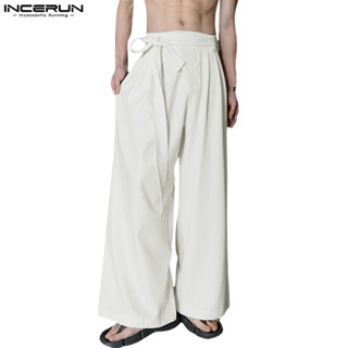  Incerun Nam Hàn Quốc Slant Placket Dây Màu Trơn Thẳng Quần 