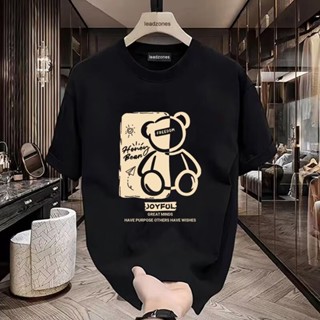 Thời trang mùa hè Con gấu in họa mẫu cổ tròn Áo thun nam boy phố vải cotton cao cấp unisex oversize