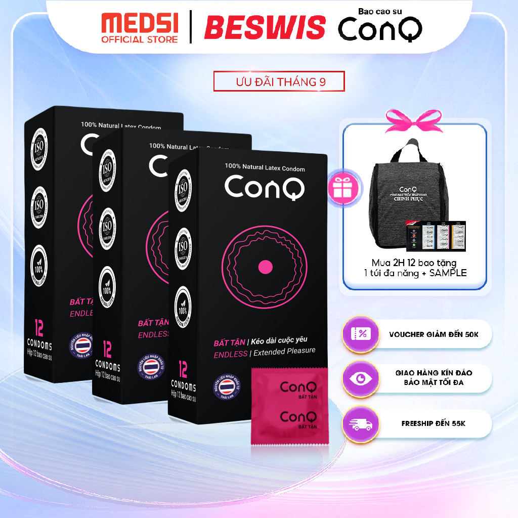 Combo 2 / Combo 3 hộp 12 bao cao su siêu mỏng CONQ bất tận giúp kéo dài thời gian, đàn hồi, thăng hoa cảm xúc size 52mm