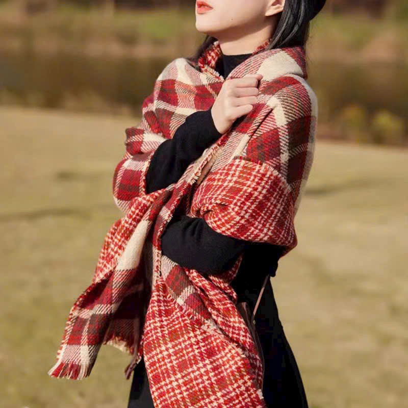 Khăn Quàng Cổ Len Phong Cách Vintage K01 Cho Nữ - Women - Kẻ đỏ